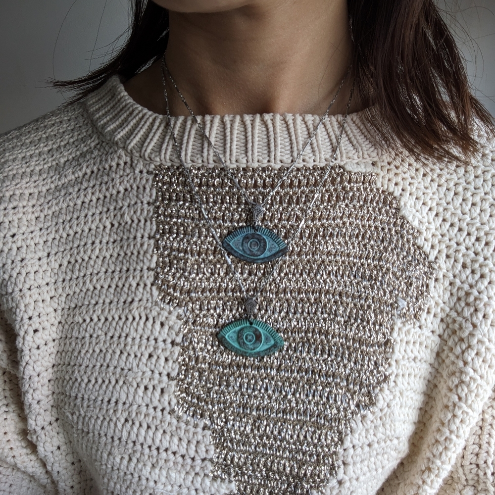 Green and Blue evil eye protection necklace, Handpainted patina eye necklace - Picture 6 of 9
